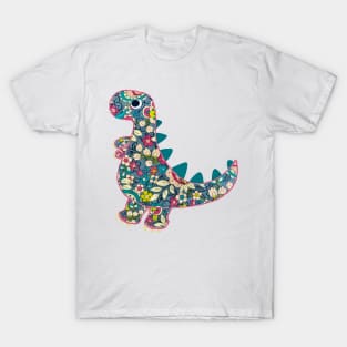 Vintage floral T-Rex Dinosaur on red background T-Shirt